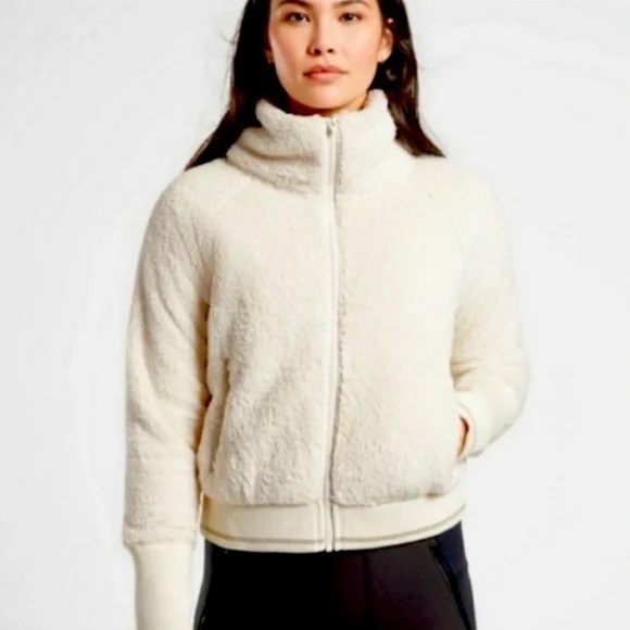Athleta Tugga Ivory Sherpa Front Zip Bomber Jacket Women's Size Medium